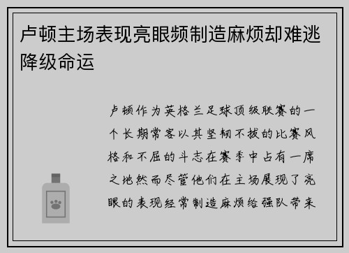 卢顿主场表现亮眼频制造麻烦却难逃降级命运